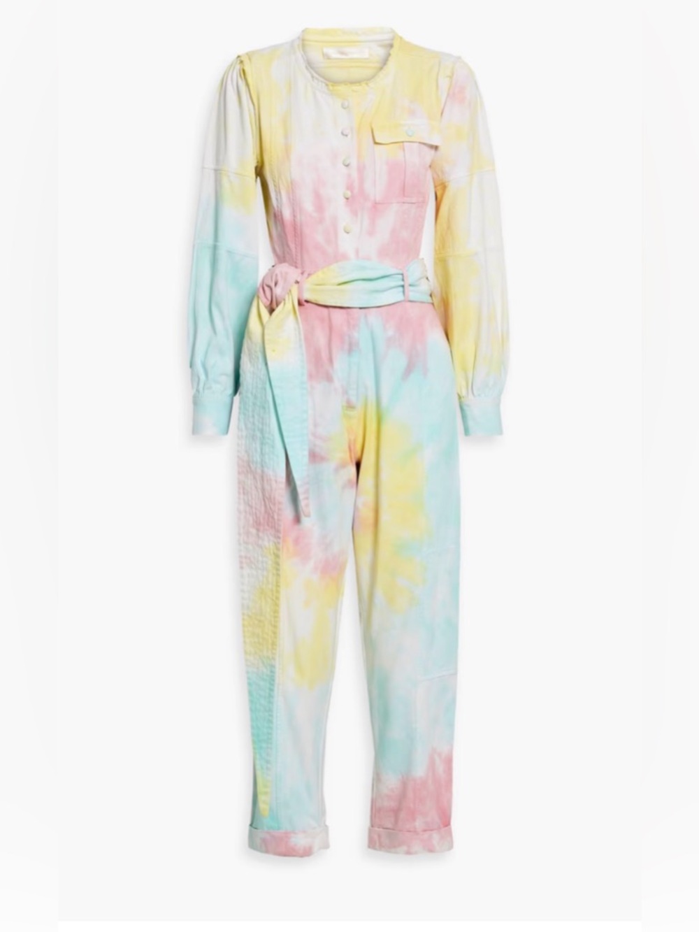 LOVESHACKFANCY Paca tie-dyed belted denim jumpsuit Color: Turquoise Size: US 2